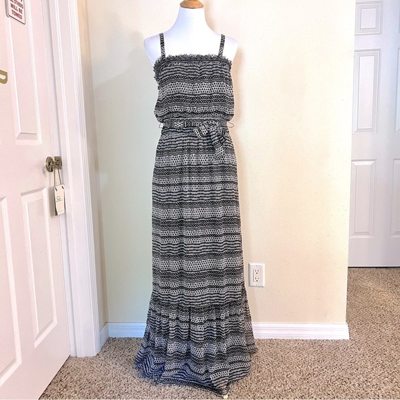 AMERICAN EAGLE OUTFITTERS Tie Graphic Stripe tiered Crepe Maxi Sundress boho S - Picture 1 of 11